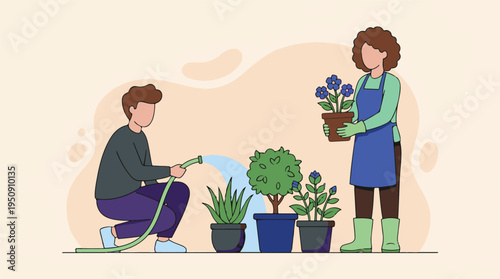 Man watering plants and woman holding a potted flower, gardening scene