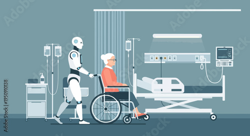 Futuristic Healthcare Concept with Robot Assisting Elderly Woman in Wheelchair within Hospital Ward Illustration