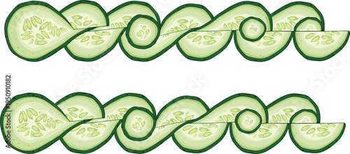 Fresh cucumber slice ribbon border set with twisted vegetable strips, healthy food decoration elements isolated for organic salad design