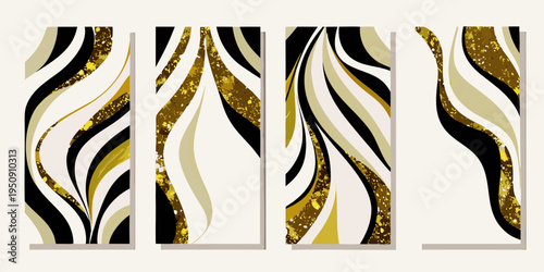 Abstract vertical panels with swirling black gold and white designs