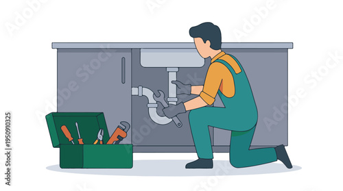 Professional plumber repairing drain pipes under a kitchen sink