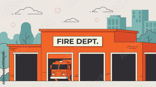 Minimalist illustration of a fire department building with a fire truck