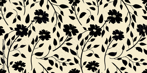 Black floral pattern with delicate stems and blossoms on a beige background
