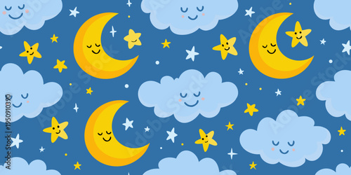 Smiling moons stars and clouds create a cheerful nighttime pattern