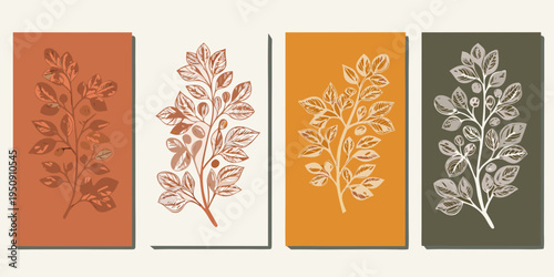 Botanical wall art featuring stylized plant stems in warm earth tones