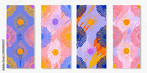 Abstract colorful patterns resembling bookmarks or narrow banners