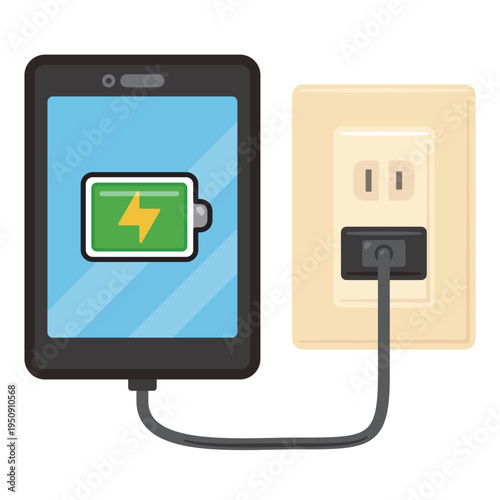 充電されるタブレットとコンセントのイラスト／Tablet Charging with Power Outlet Illustration