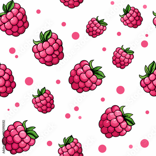 Seamless pattern of vibrant hand drawn raspberries with green leaves