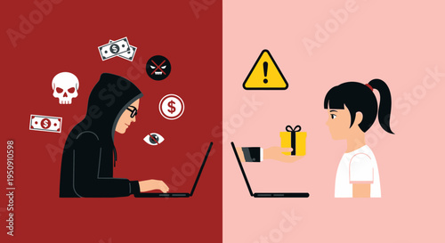 Cyber Safety Illustration Representing Online Predator Targeting a Child with a Deceptive Gift, Concept of Internet Danger and Child Protection