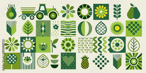 A vibrant stylized pattern of green fruits flowers and farm elements