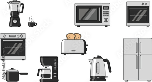 Kitchen Appliance Vector Icon Set Featuring Blender, Microwave, Oven, Toaster, Coffee Maker, Electric Kettle, Refrigerator, and Cooking Equipment
