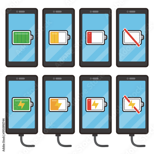 バッテリーアイコン表示のあるスマートフォンと充電されるスマートフォンのイラストセット／Smartphone Battery Icon and Charging Smartphone Illustration Set