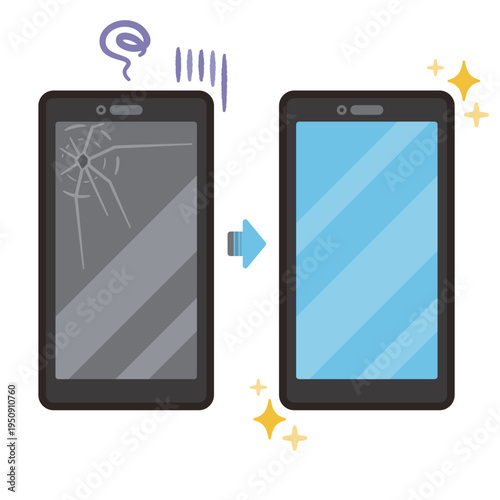 画面が割れたスマートフォンと綺麗なスマートフォンイラストセット／Cracked Screen Smartphone and Clean Smartphone Illustration Set