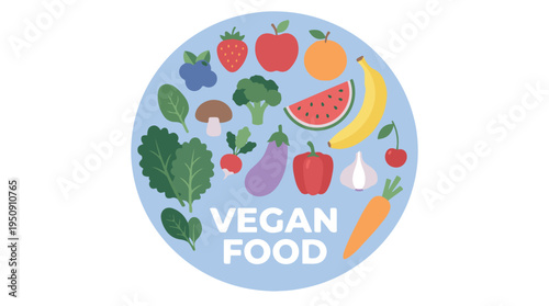 Vegan Food Illustration with Fresh Fruits and Vegetables on Blue Background
