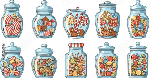 Candy Jar Vector Set Featuring Glass Jars Filled with Colorful Sweets, Lollipops, Cookies, Chocolates, and Assorted Candy Treats