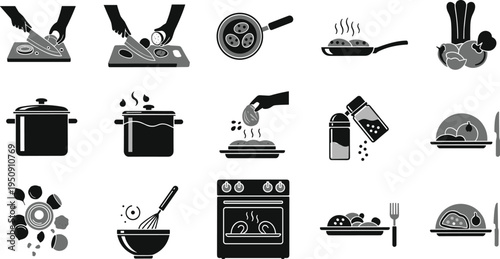 Cooking Process Vector Icon Set Featuring Food Preparation, Frying Pan, Boiling Pot, Seasoning, Baking Oven, and Kitchen Cooking Activities