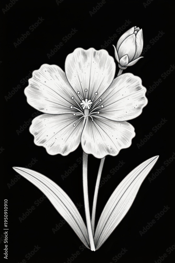 Fototapeta premium Monochrome Botanical Illustration of a Flower with Bud and Leaves on Black Background