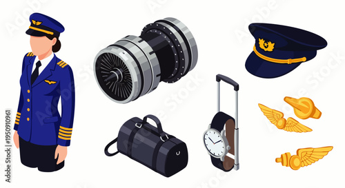 Isometric vector set of pilot and aviation essentials: female pilot, jet engine, captain's hat, travel bag, watch, and golden wings, symbolizing professional air travel.