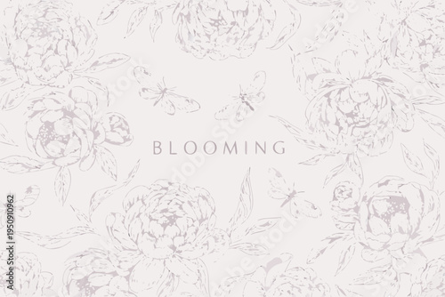 Delicate floral pattern with sketched peonies dragonflies and the word blooming