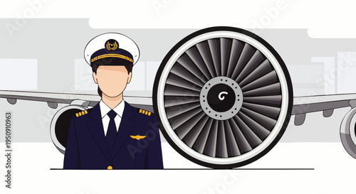 Professional female airline pilot in uniform next to a powerful jet engine and commercial airplane, representing aviation career, technology, and women in transport.