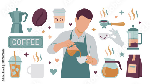 Barista making coffee with diverse coffee shop equipment and beverages illustration