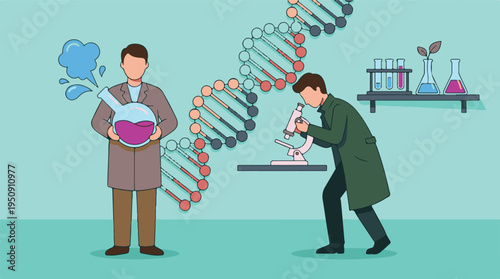 Scientists performing genetic research with DNA helix and lab equipment