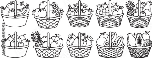 Assorted baskets filled with various fruits and vegetables in a detailed illustration Vector
