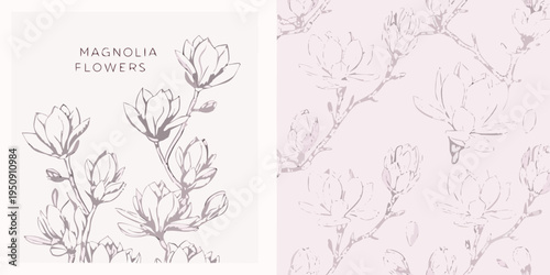 Elegant magnolia flower arrangements in a delicate sketched aesthetic