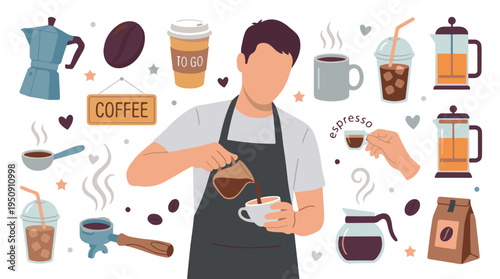 Coffee making process, barista, and various coffee types illustration set