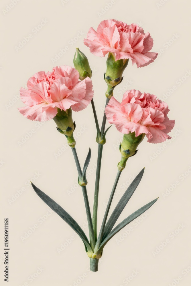 Obraz premium Pink Carnation Flowers with Green Stems and Buds on a Plain Background, Botanical Illustration Style