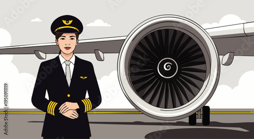 Female pilot standing proudly in uniform on airport tarmac with a large jet engine and airplane wing in the background. Professional woman in aviation industry.