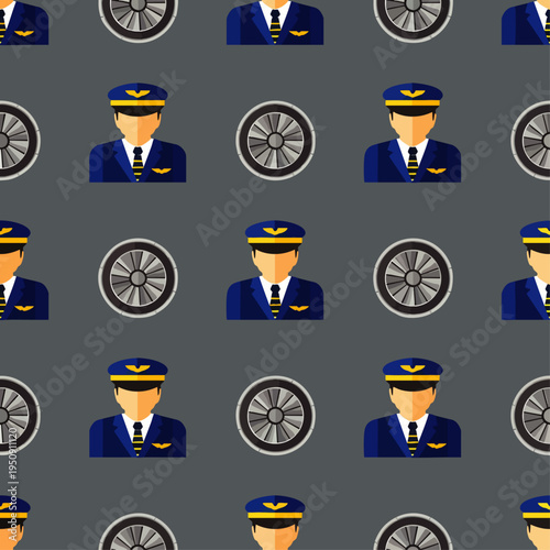 Seamless pattern of airline pilots and jet engine turbines on a dark background, representing aviation, travel, and professional careers.