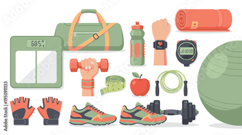 Assortment of fitness and exercise gear for a healthy and active lifestyle