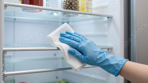 Person Wearing Blue Gloves Cleaning a Refrigerator Shelf with a Tissue
