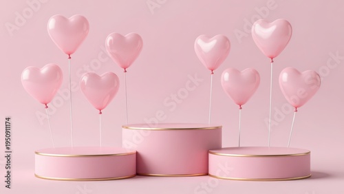 Pink Heart-Shaped Balloons Floating Above Cylindrical Pedestals on a Pastel Background, Romantic and Festive 3D Design