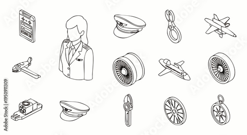 Isometric line art icon set for aviation and air travel, featuring airplanes, pilot, captain hats, jet engines, and navigation tools.