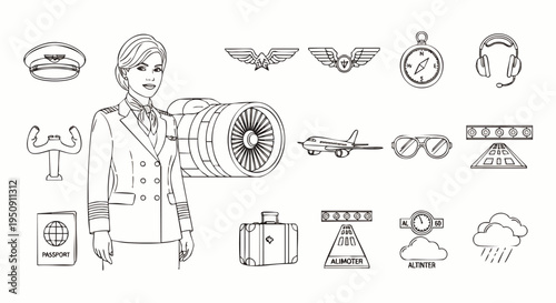 Aviation and Pilot Essentials Line Art Icon Collection. Set of Outline Symbols for Flight, Travel, and Air Transportation Professionals.