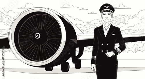Professional female pilot standing confidently in uniform next to a powerful jet engine on an airport runway, representing aviation, travel, and career success.