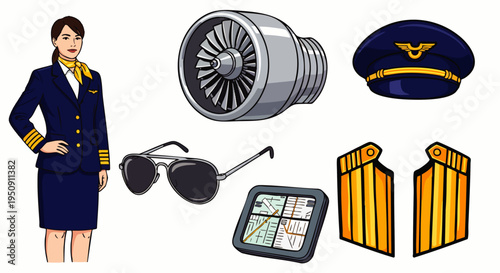 Aviation and airline vector set: flight attendant, pilot's hat, jet engine, aviator sunglasses, navigation tablet, and pilot rank epaulets.