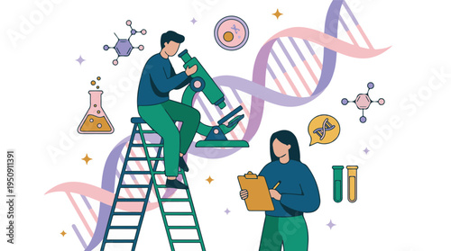 Scientists conducting biological and chemical research with microscope and DNA