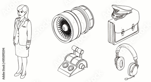 Isometric line art illustration set featuring a female pilot, jet engine, pilot's cap, briefcase, throttle, and headset, depicting aviation and flight elements.