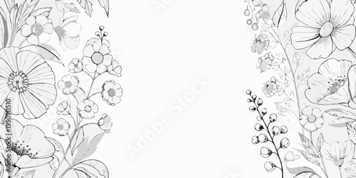 Botanical illustration of delicate flowers and foliage in grayscale