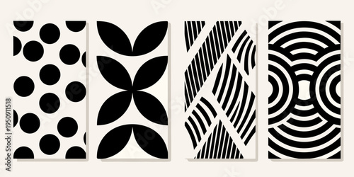 Four abstract black and white geometric patterns arranged in vertical panels