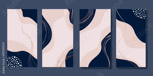 Abstract flowing shapes in blush and navy arranged in a four panel display
