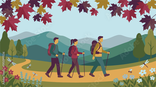 Autumn hiking adventure with group on a mountain trail illustration