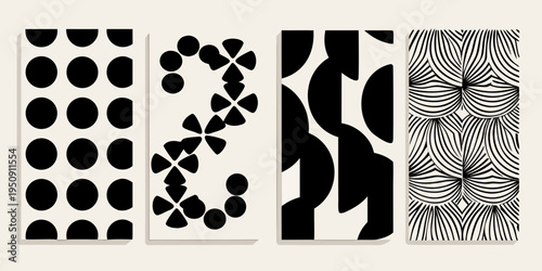 Four abstract black and white patterned vertical panels displayed together