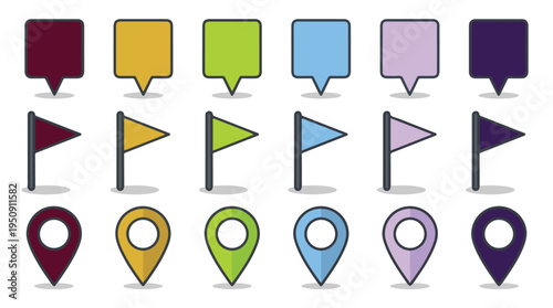 Colorful set of map pins, flags, and location markers vector icons