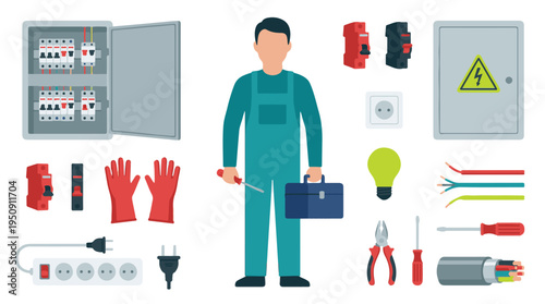 Electrician tools, equipment, and safety supplies set for professional work