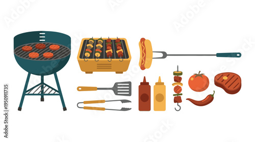 Barbecue and Grilling Food with Tools Flat Vector Illustration Set
