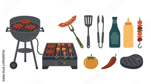 Barbecue grilling food and tools set, flat design vector illustration